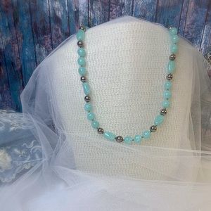 Faux Aqua and Silver Tone Bead Necklace